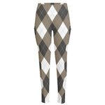 Brown And White Argyle Pattern Print High-Waisted Pocket Leggings