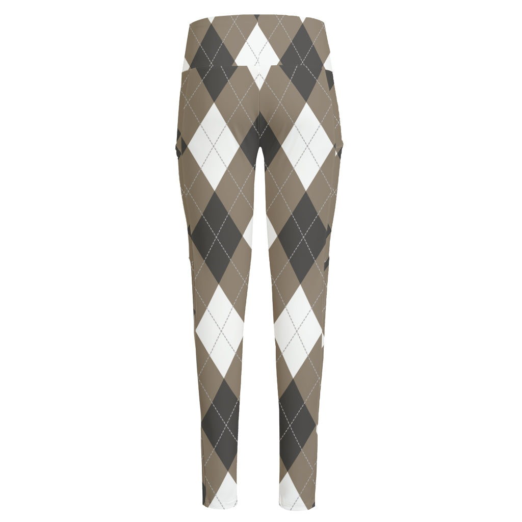 Brown And White Argyle Pattern Print High-Waisted Pocket Leggings