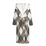 Brown And White Argyle Pattern Print Hooded Bathrobe