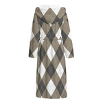 Brown And White Argyle Pattern Print Hooded Bathrobe