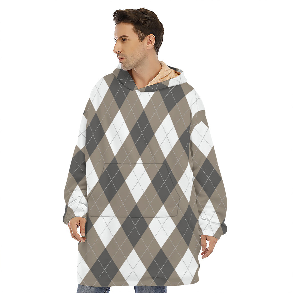 Brown And White Argyle Pattern Print Hoodie Blanket