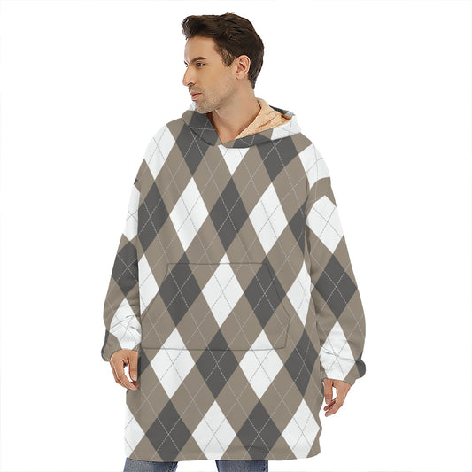 Brown And White Argyle Pattern Print Hoodie Blanket