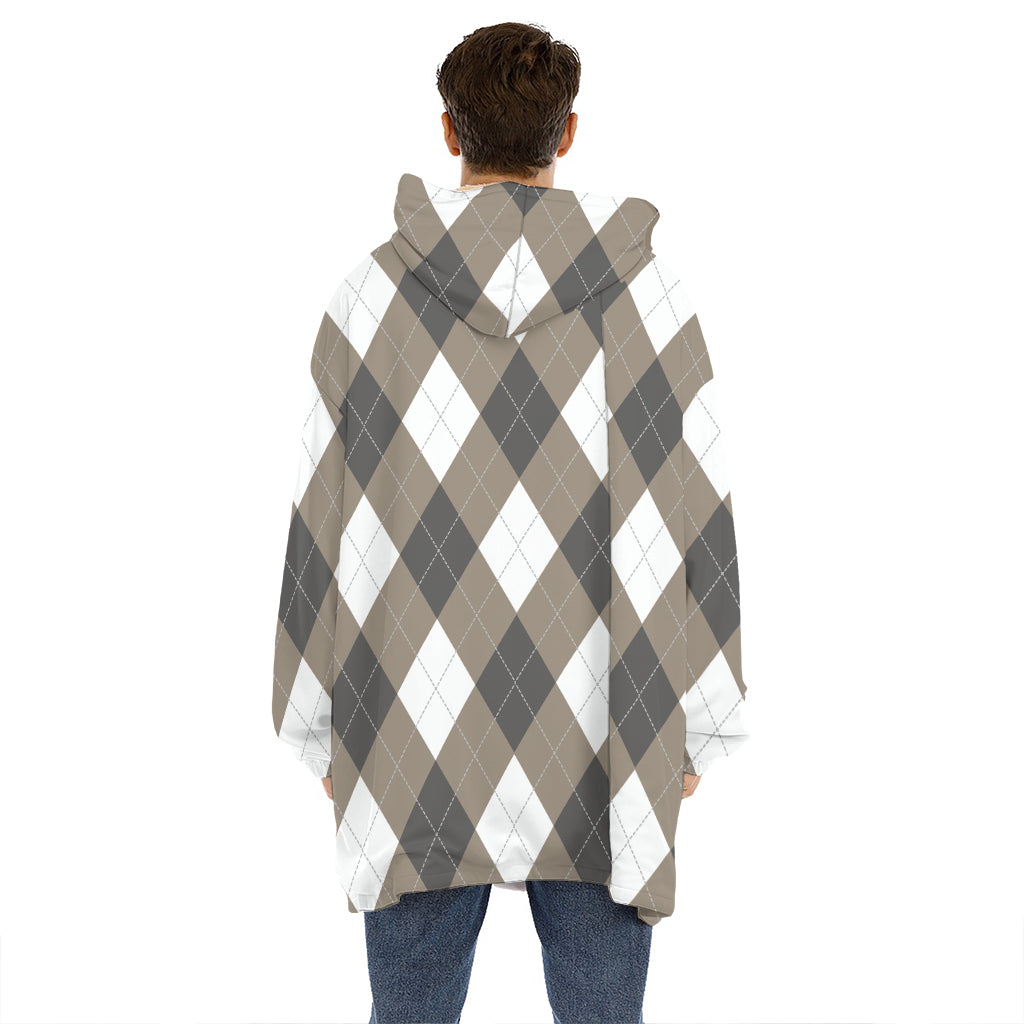 Brown And White Argyle Pattern Print Hoodie Blanket
