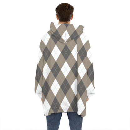 Brown And White Argyle Pattern Print Hoodie Blanket
