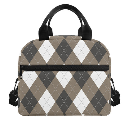 Brown And White Argyle Pattern Print Insulated Lunch Bag