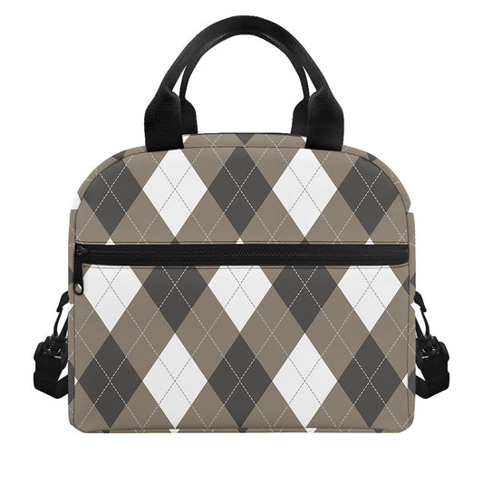 Brown And White Argyle Pattern Print Insulated Lunch Bag