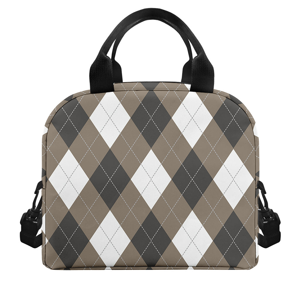 Brown And White Argyle Pattern Print Insulated Lunch Bag