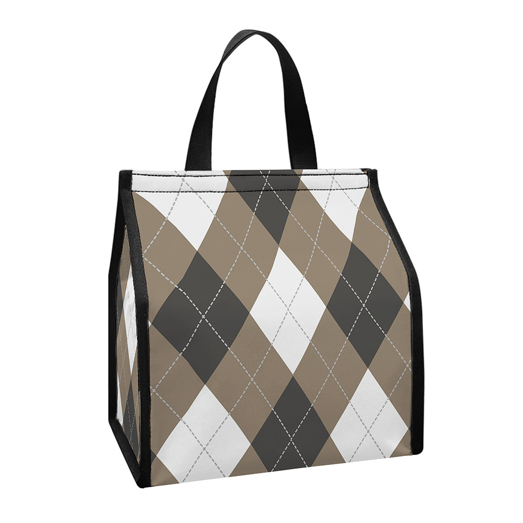 Brown And White Argyle Pattern Print Insulated Lunch Tote