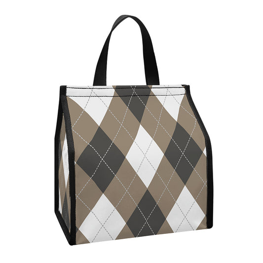 Brown And White Argyle Pattern Print Insulated Lunch Tote