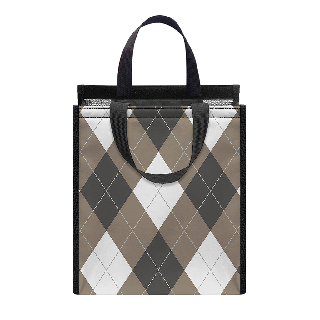 Brown And White Argyle Pattern Print Insulated Lunch Tote