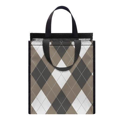 Brown And White Argyle Pattern Print Insulated Lunch Tote
