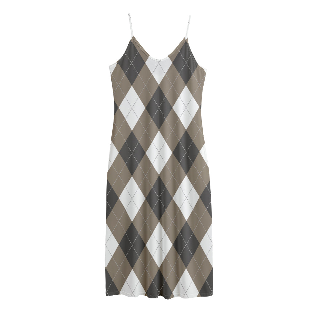 Brown And White Argyle Pattern Print Jersey Midi Cami Dress