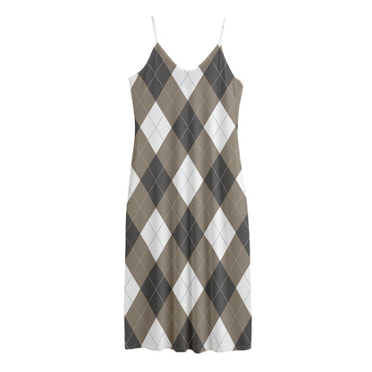 Brown And White Argyle Pattern Print Jersey Midi Cami Dress