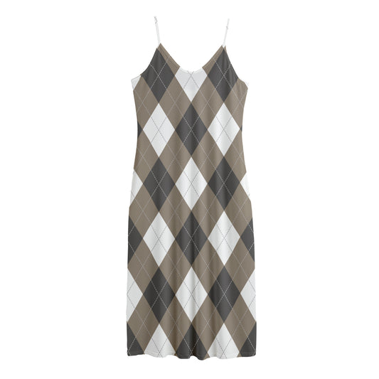 Brown And White Argyle Pattern Print Jersey Midi Cami Dress