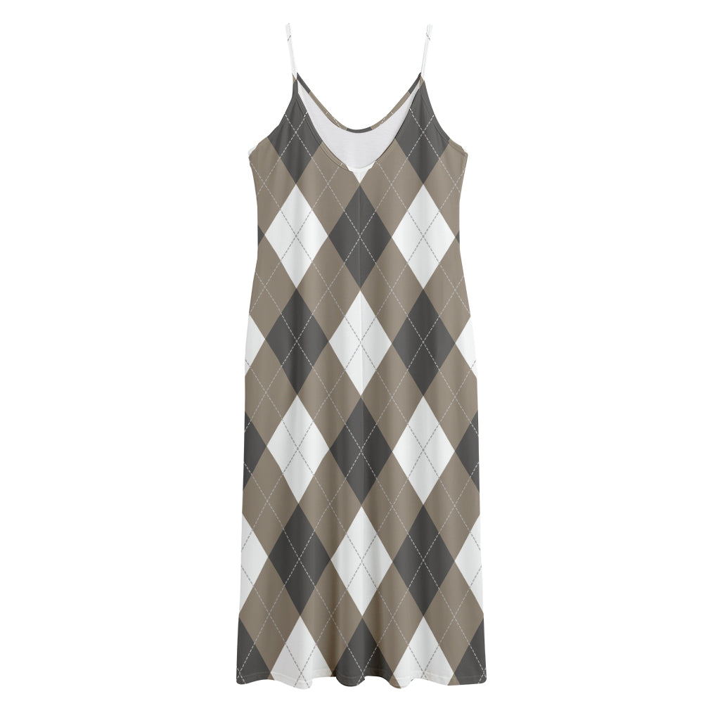 Brown And White Argyle Pattern Print Jersey Midi Cami Dress