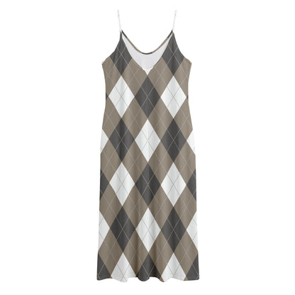 Brown And White Argyle Pattern Print Jersey Midi Cami Dress