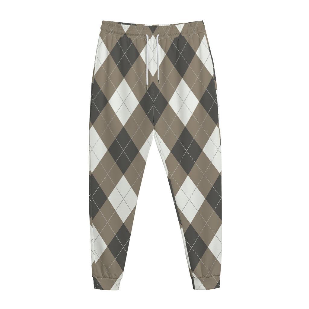 Brown And White Argyle Pattern Print Jogger Pants