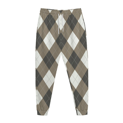 Brown And White Argyle Pattern Print Jogger Pants