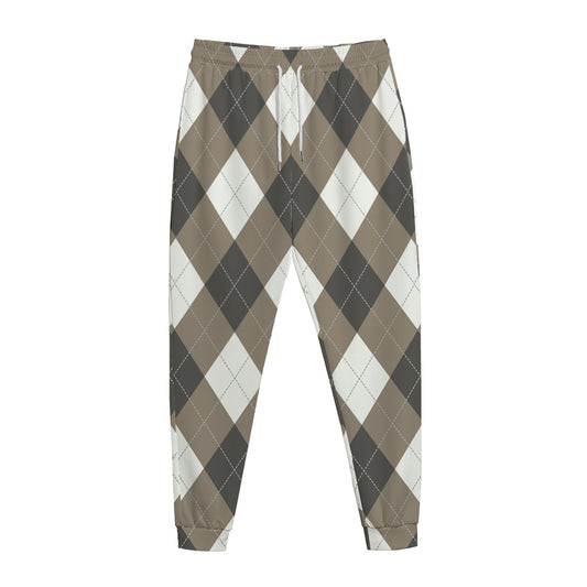Brown And White Argyle Pattern Print Jogger Pants