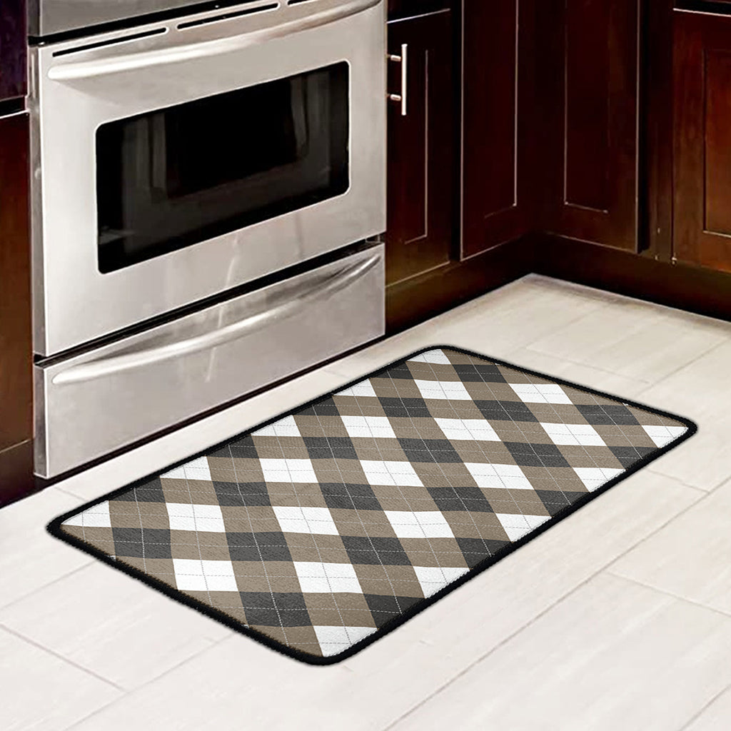 Brown And White Argyle Pattern Print Kitchen Mat
