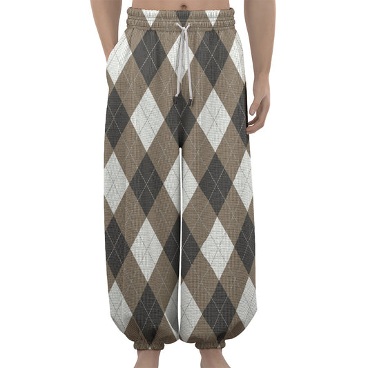 Brown And White Argyle Pattern Print Lantern Pants