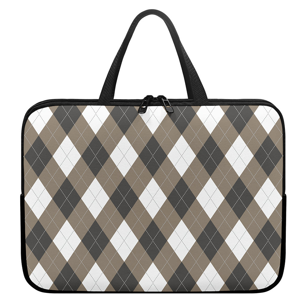 Brown And White Argyle Pattern Print Laptop Sleeve With Handle