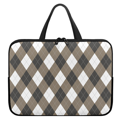 Brown And White Argyle Pattern Print Laptop Sleeve With Handle