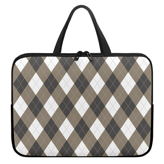 Brown And White Argyle Pattern Print Laptop Sleeve With Handle