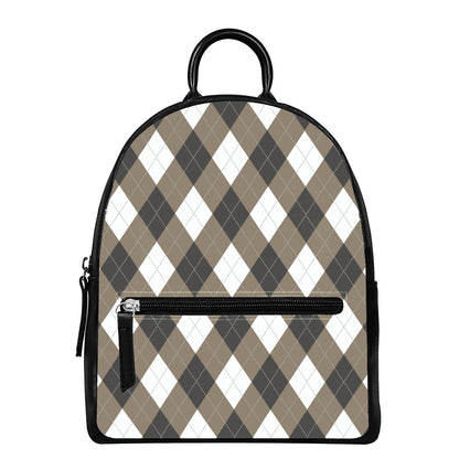 Brown And White Argyle Pattern Print Leather Backpack