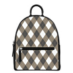 Brown And White Argyle Pattern Print Leather Backpack