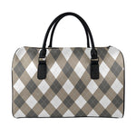 Brown And White Argyle Pattern Print Leather Duffle Bag
