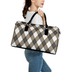 Brown And White Argyle Pattern Print Leather Duffle Bag