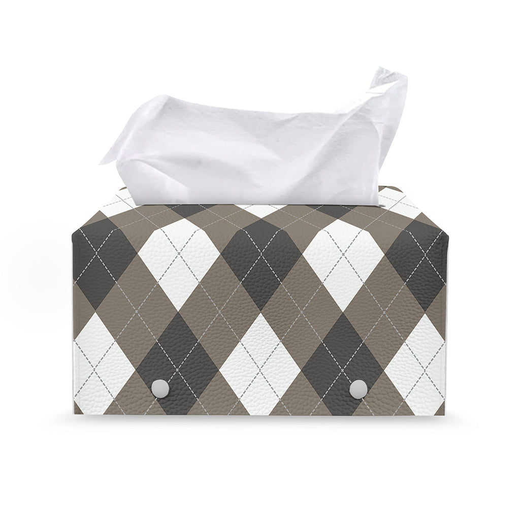 Brown And White Argyle Pattern Print Leather Tissue Box Cover