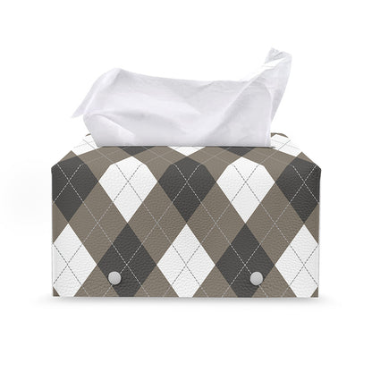 Brown And White Argyle Pattern Print Leather Tissue Box Cover