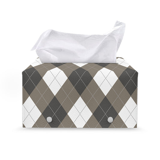 Brown And White Argyle Pattern Print Leather Tissue Box Cover