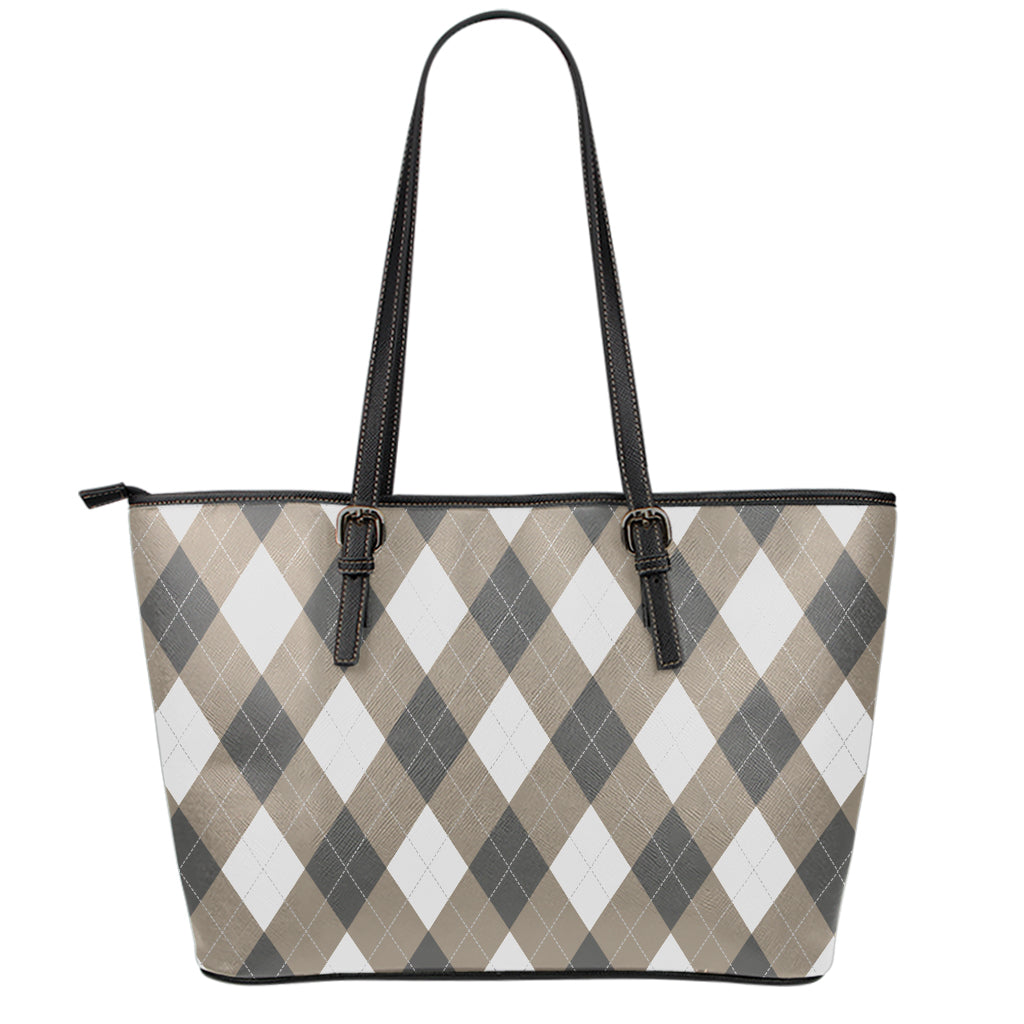 Brown And White Argyle Pattern Print Leather Tote Bag