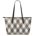 Brown And White Argyle Pattern Print Leather Tote Bag With Zipper