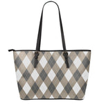 Brown And White Argyle Pattern Print Leather Tote Bag