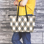 Brown And White Argyle Pattern Print Leather Tote Bag