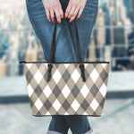 Brown And White Argyle Pattern Print Leather Tote Bag