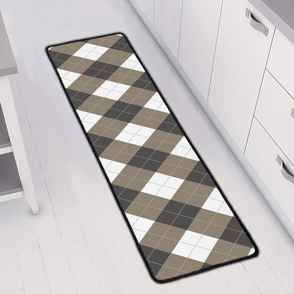 Brown And White Argyle Pattern Print Long Kitchen Mat