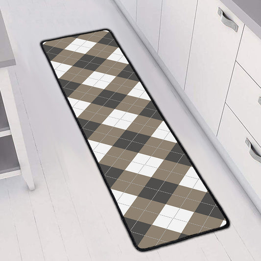 Brown And White Argyle Pattern Print Long Kitchen Mat