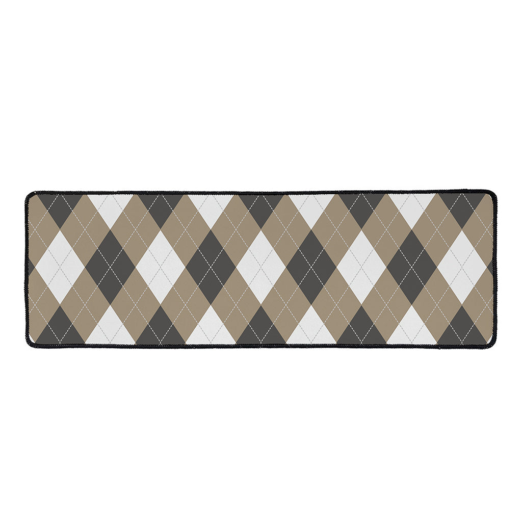 Brown And White Argyle Pattern Print Long Kitchen Mat