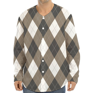 Brown And White Argyle Pattern Print Long Sleeve Baseball Jersey