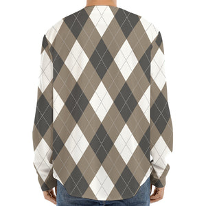 Brown And White Argyle Pattern Print Long Sleeve Baseball Jersey