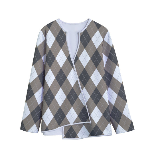 Brown And White Argyle Pattern Print Long Sleeve Short Coat
