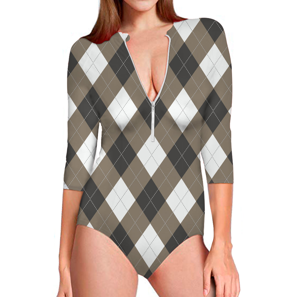 Brown And White Argyle Pattern Print Long Sleeve Swimsuit