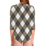 Brown And White Argyle Pattern Print Long Sleeve Swimsuit