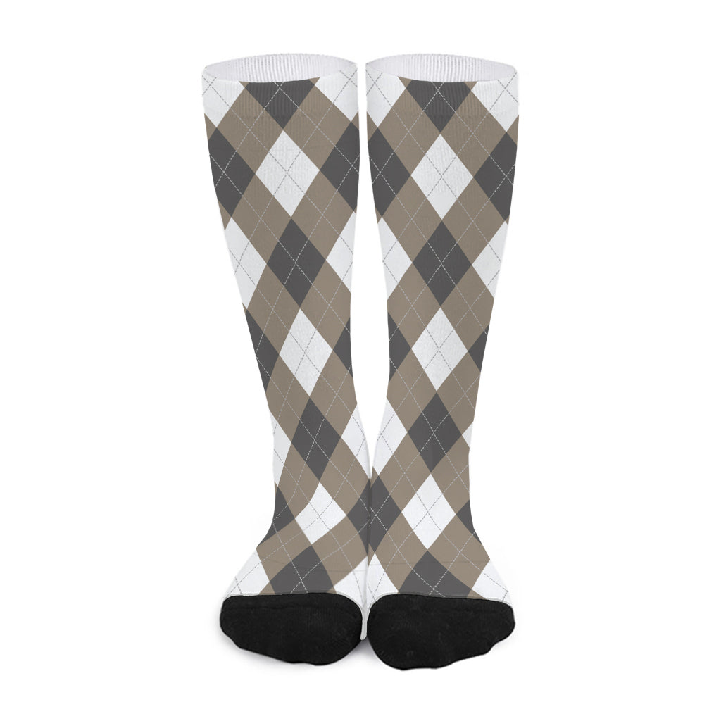 Brown And White Argyle Pattern Print Long Socks