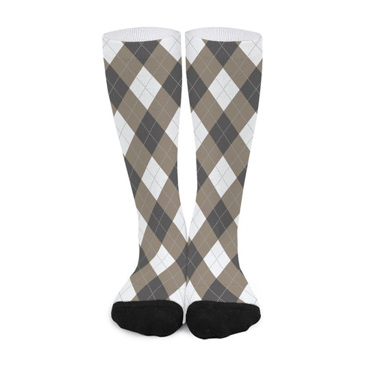 Brown And White Argyle Pattern Print Long Socks